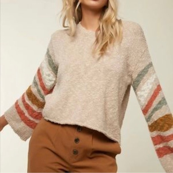 O'Neill Sweaters - SOLD**O’Neill Tan Knit Sweater Stripe Bell Sleeves Size Large
